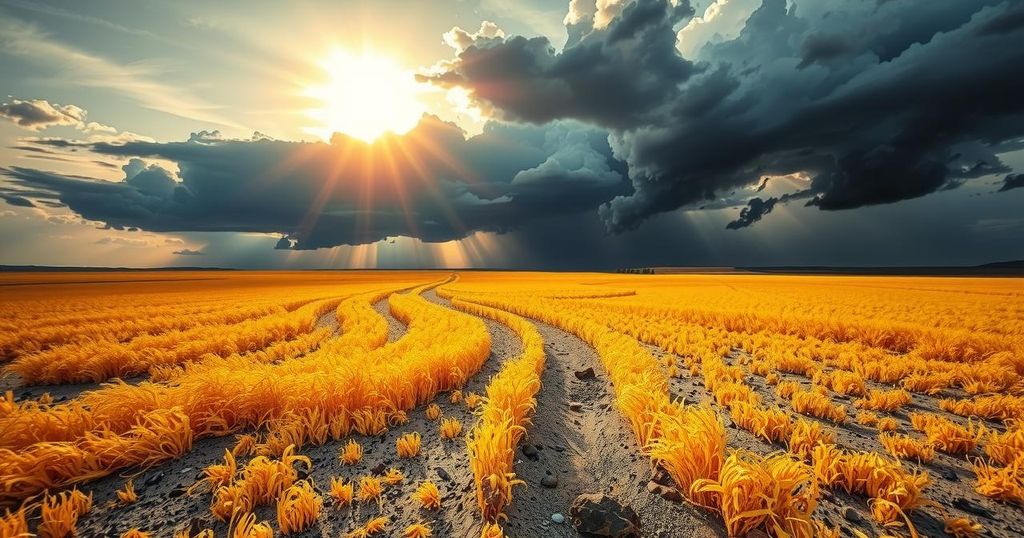 Vibrant landscape of Kazakhstan under a bright sun, showcasing resilience in arid terrain with threatening clouds.
