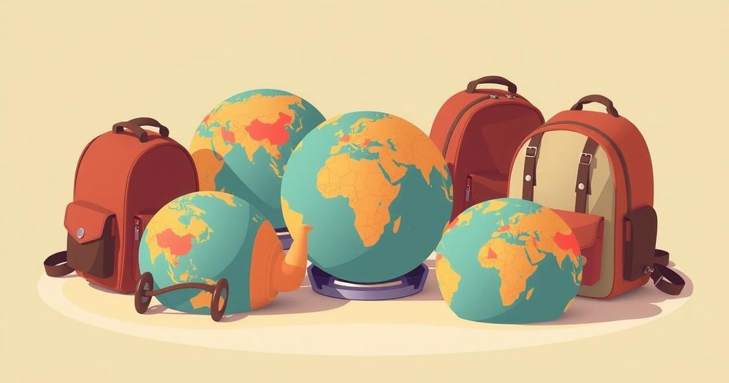 A visual representation of a travel restriction concept with globes, backpacks, and barriers, in a warm color palette.