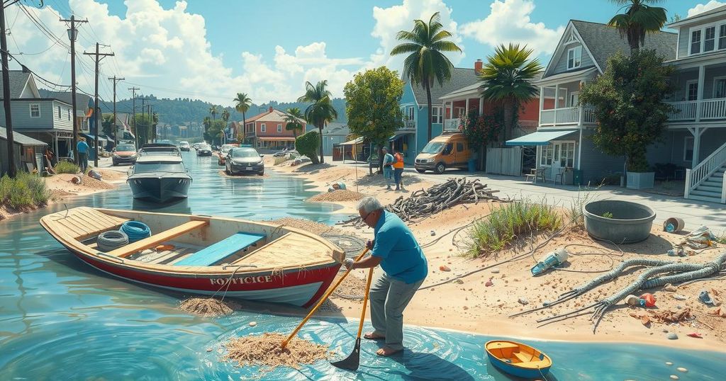 Cleanup efforts in Puerto Escondido after Hurricane Erick, showcasing flooded streets, debris and emergency services.