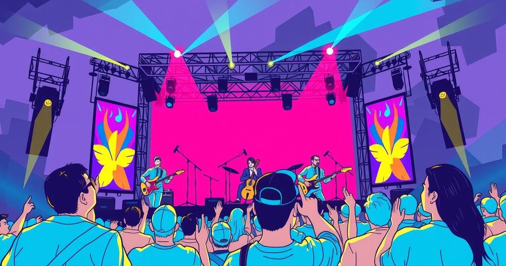 Vibrant concert scene with colorful stage lighting, musical instruments, and fans enjoying live performance in Mexico.