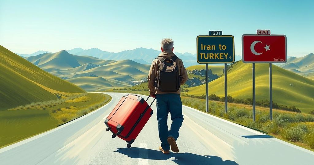 A weary traveler with two suitcases at a border crossing, in a vibrant landscape of Turkey's countryside.