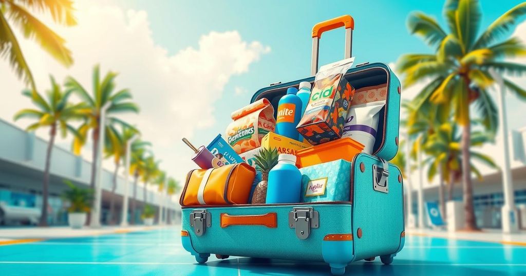 A colorful suitcase filled with packages against a backdrop of a tropical airport setting.
