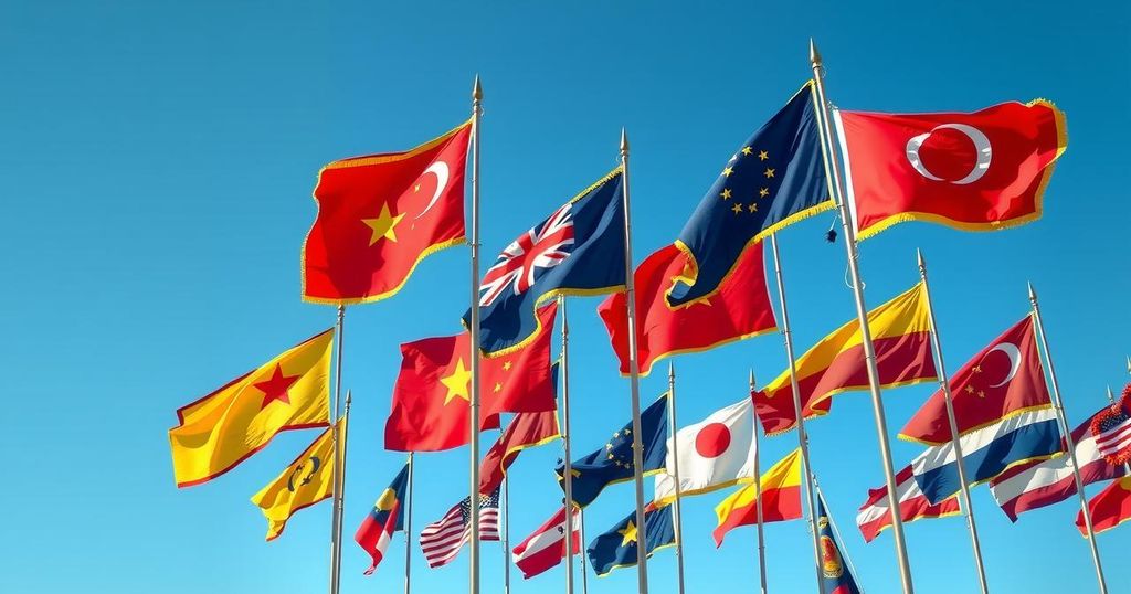 Colorful military parade scene with diverse flags waving and decorations, under a clear sky celebrating unity.