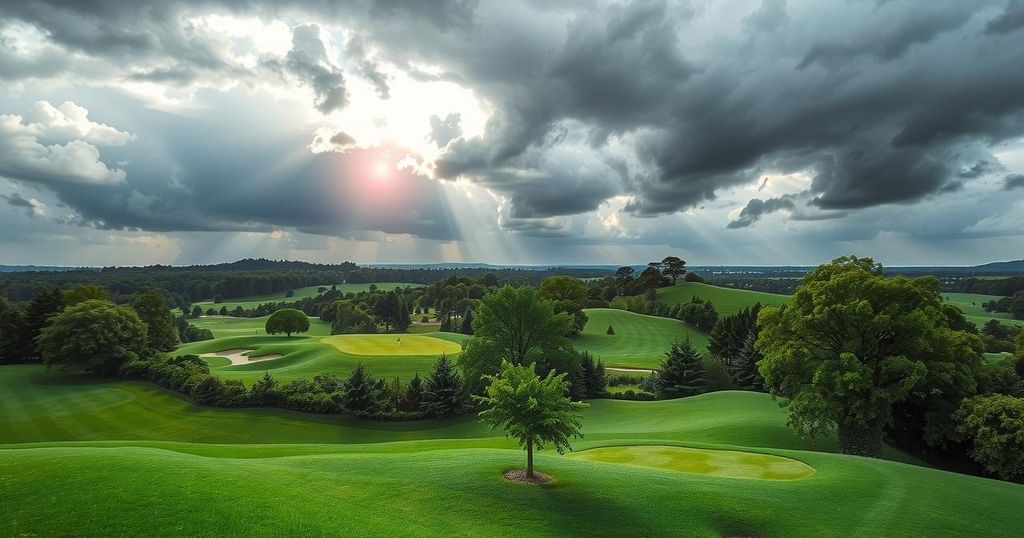 A lush green golf course under cloudy skies with patches of sunlight, highlighting the potential for rain.