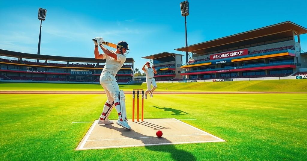 Cricket match scene with batsman and bowler at Wanderers Cricket Ground under clear blue skies.
