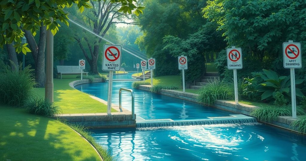 A tranquil creek scene surrounded by lush greenery and warning signs to indicate water safety risks.