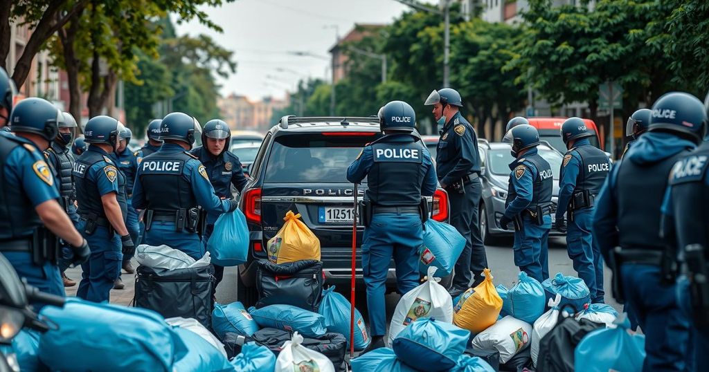 A police vehicle checkpoint with officers searching a black SUV and bags nearby in an urban setting.
