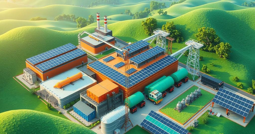 A green industrial landscape showcasing a battery production facility emphasizing growth in sustainable technology.