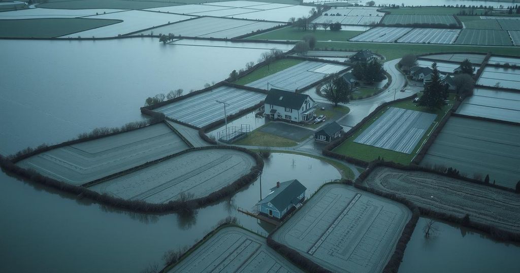 Aerial view of a flooded landscape in Eastern Cape, showcasing submerged fields and homes under a heavy gray sky.