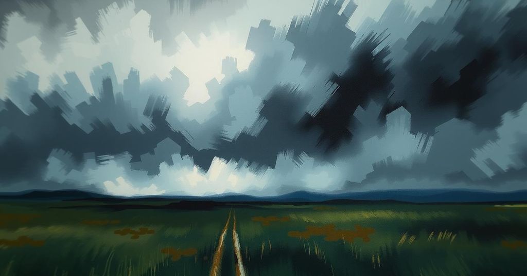 An abstract representation of a landscape with dark clouds and subdued colors, symbolizing tension and uncertainty.