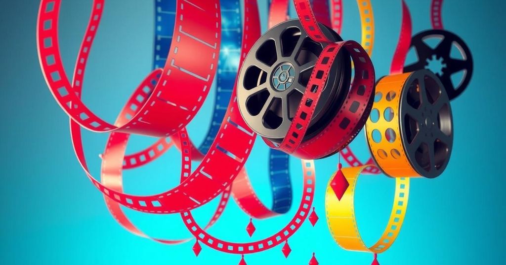 A vibrant film-related design, representing a media agreement between Sony Pictures and a major network, colorful film reels.
