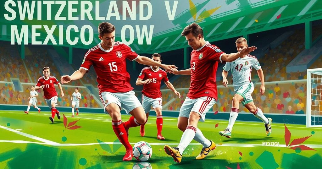 A soccer match between Switzerland and Mexico with a vivid color palette of green, red, and white in a dynamic scene.