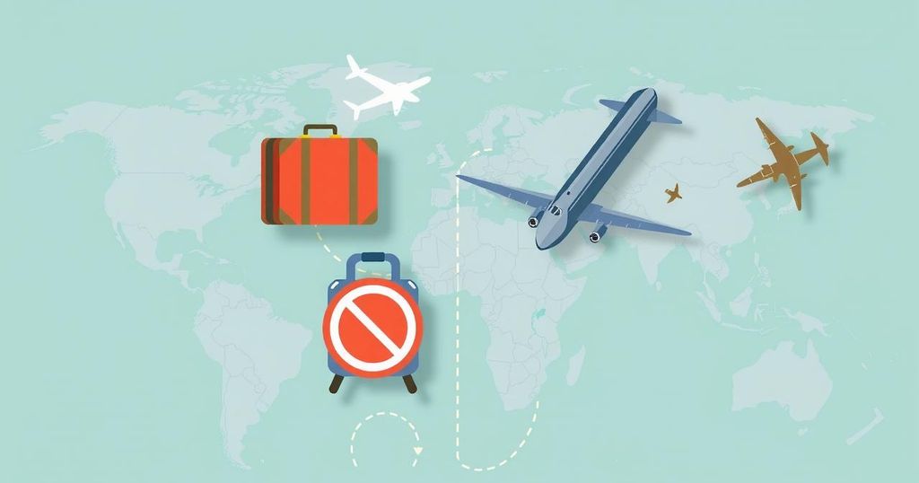Illustration of various travel symbol icons with diverse country outlines in muted colors, showcasing travel restrictions.