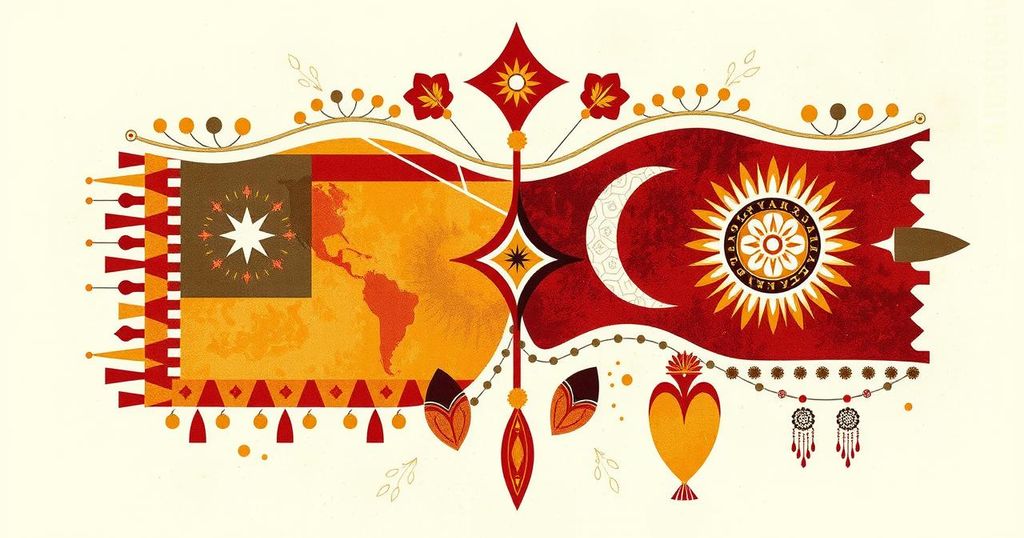 Artistic interpretation of the Russia-Mali relationship, featuring patterned elements in a warm color palette.