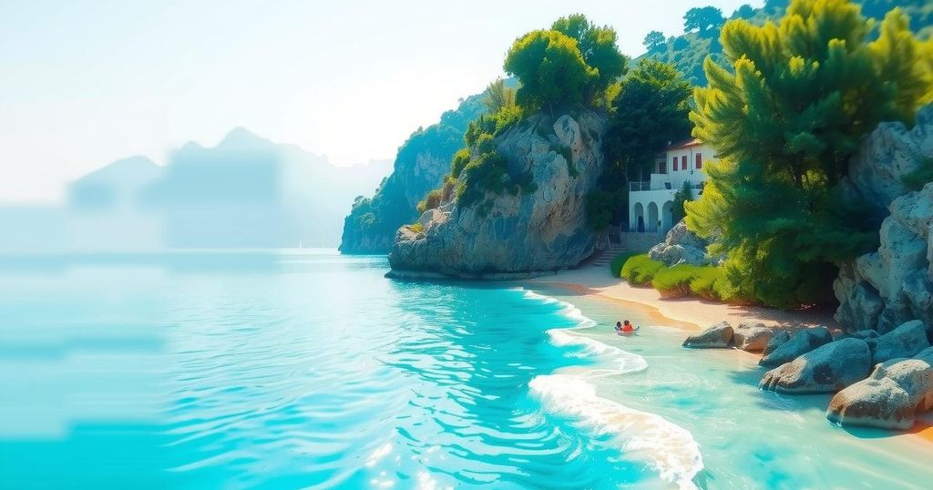 A serene landscape depicting a tranquil beach in Capri, Italy, with crystal-clear waters under a clear blue sky.