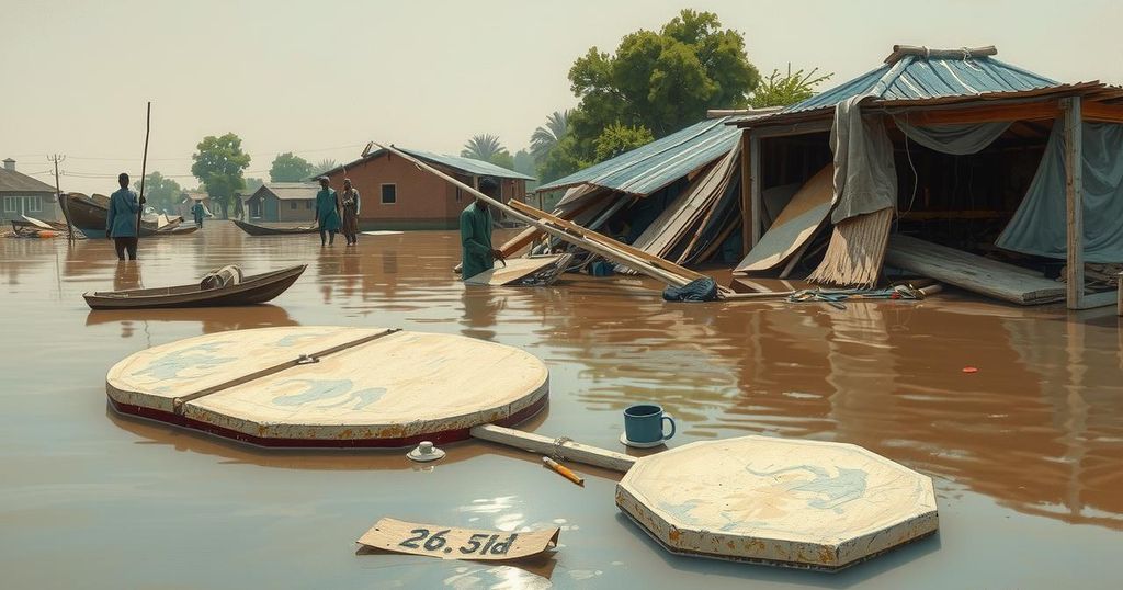 Flooded community in Niger with debris and stagnant water, showcasing the aftermath of a natural disaster.