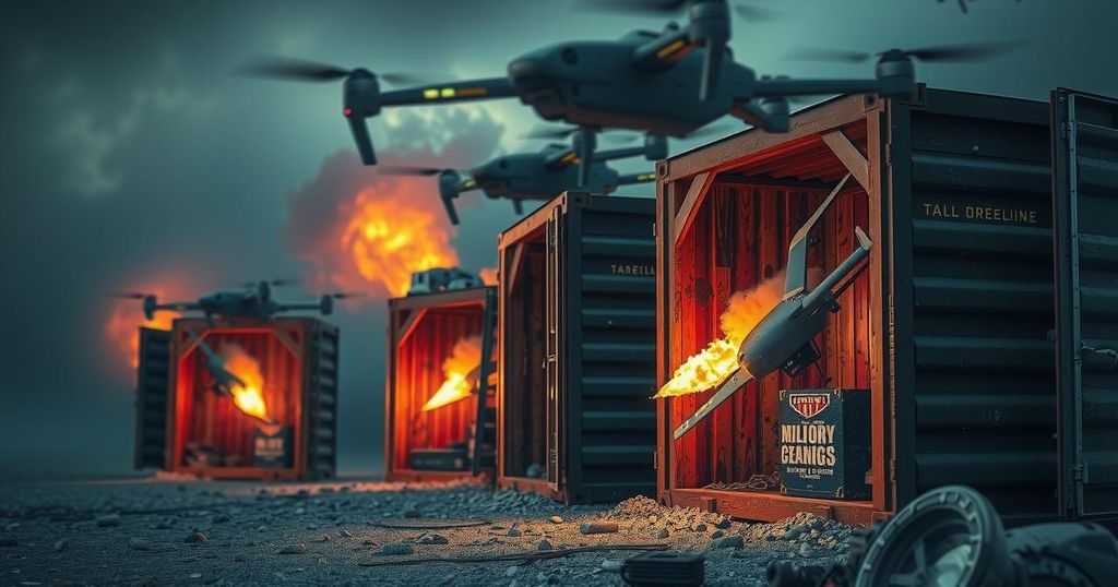 Drones emerging from wood containers in a dynamic military operation, depicting strategic aerial warfare advancements.
