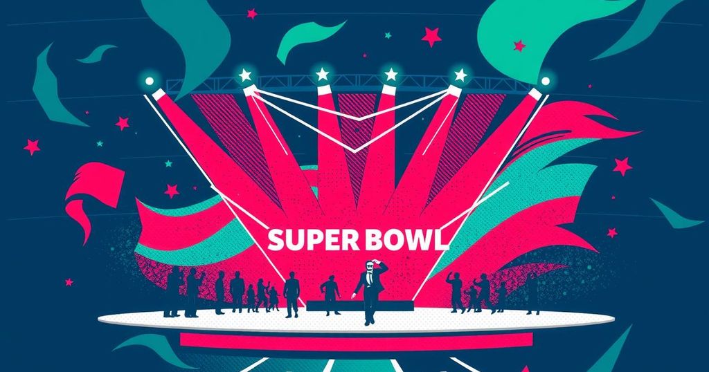 A vibrant halftone art style capturing a dynamic Super Bowl performance scene with flags in the background.