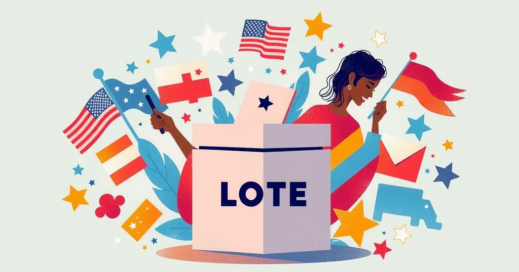 Diverse political candidates and ballot themed illustration representing Virginia's historic election.