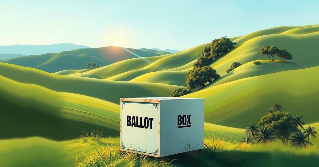 Illustration of a ballot box surrounded by abstract African landscape in muted earth tones.
