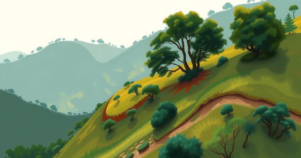 A serene mountain landscape in Colombia after a landslide, featuring lush greenery and soft shades of green and brown.
