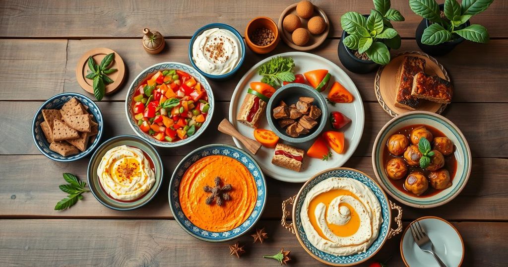 Vibrant Moroccan cuisine spread featuring colorful salads, hummus, and desserts on a rustic table setting.