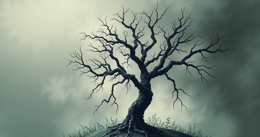 A broken democracy illustration, featuring a wilting tree with empty branches symbolizing lost rights and freedoms.