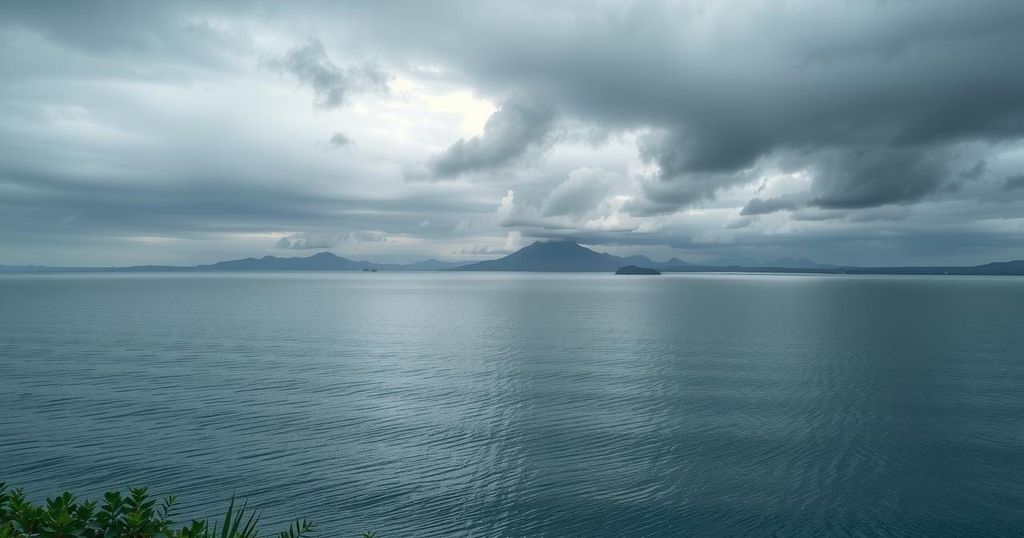 A sorrowful landscape with a vast lake representing loss and memory, in muted gray and blue tones.