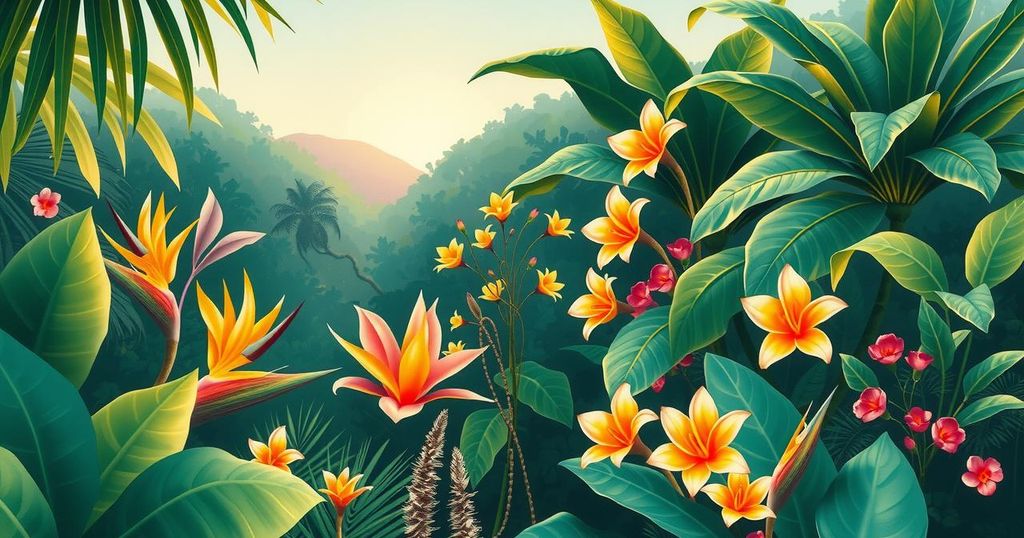 A serene view of Brazil's lush landscape with tropical plants, vibrant flowers, and a clear sky representing a royal visit.