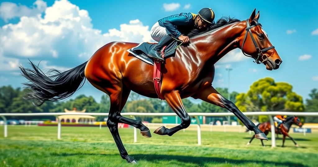 A powerful dark bay horse racing on a track with green grass, set against a bright blue sky, showcasing action and speed.