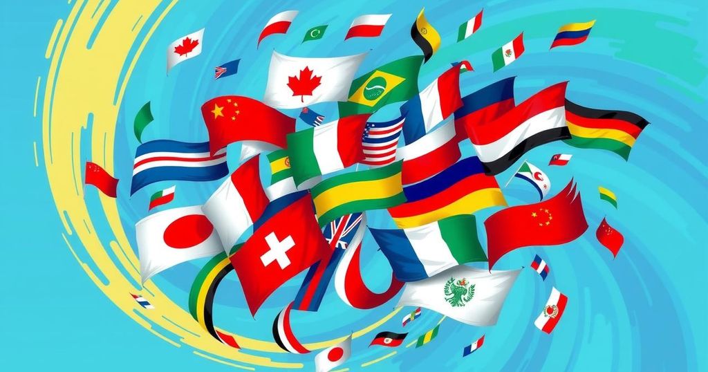 Whirlwind diplomatic negotiations symbolized by diverse flags representing peace talks between nations in vibrant colors.