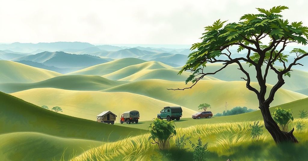 Serene Kenyan countryside with military equipment and a distant training base under a clear blue sky.