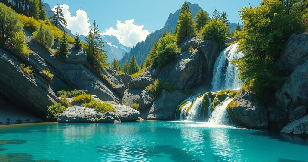 A serene scene of a mountain landscape with a waterfall cascading into a clear pool under a blue sky.