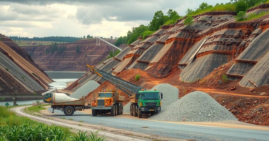 A serene landscape with a mine scene showing equipment and chromite ore, illustrating environmental preservation efforts.