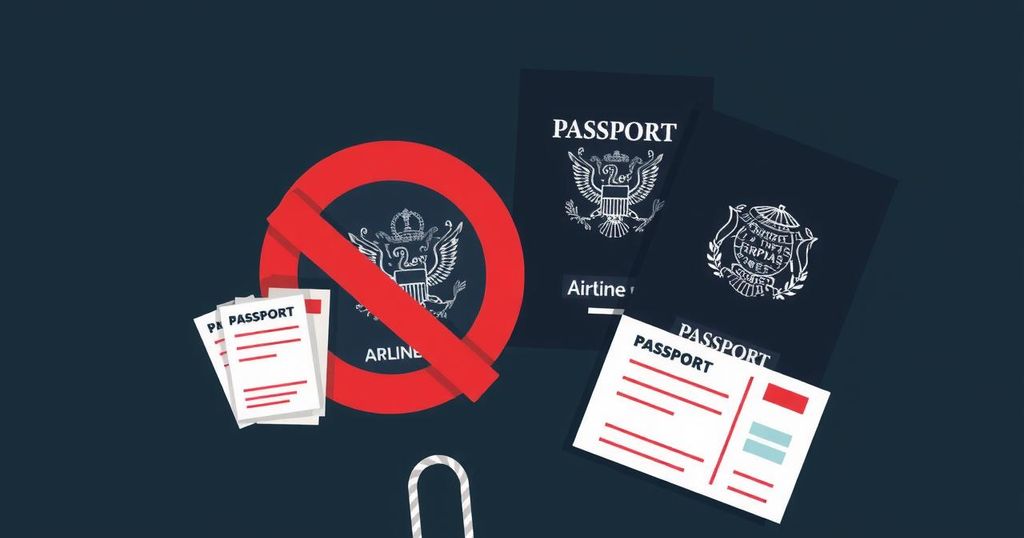 A travel ban symbolized by crossed-out passports and airline tickets against a dark backdrop.