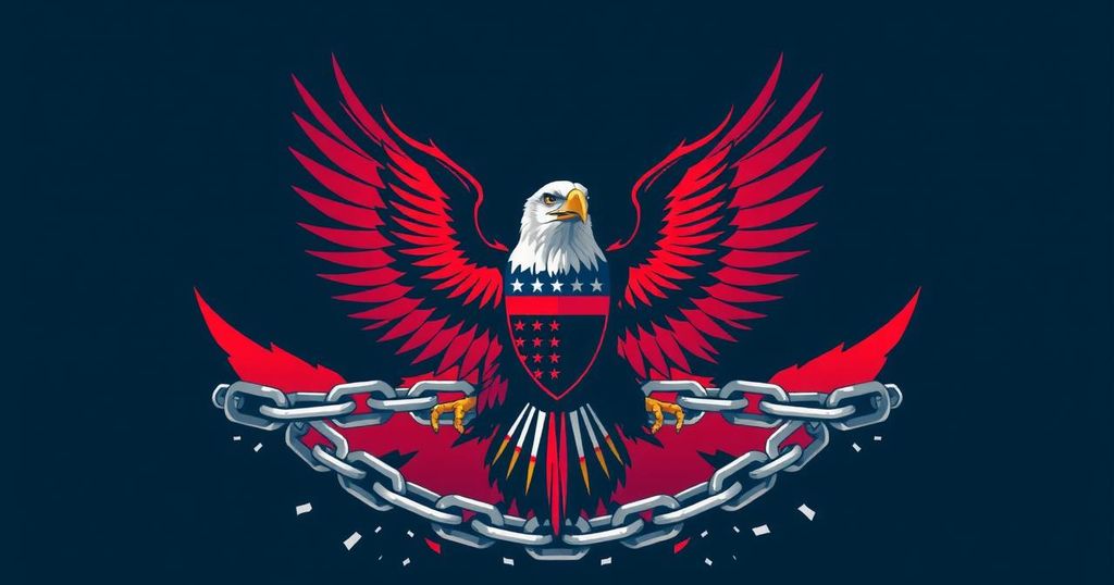A divided symbol representing contrasting opinions on U.S. foreign policy, featuring an eagle and broken chain links.