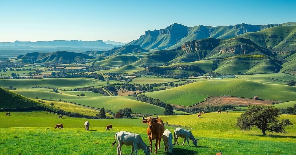 A vibrant South African landscape with lush greenery and livestock grazing under clear skies.