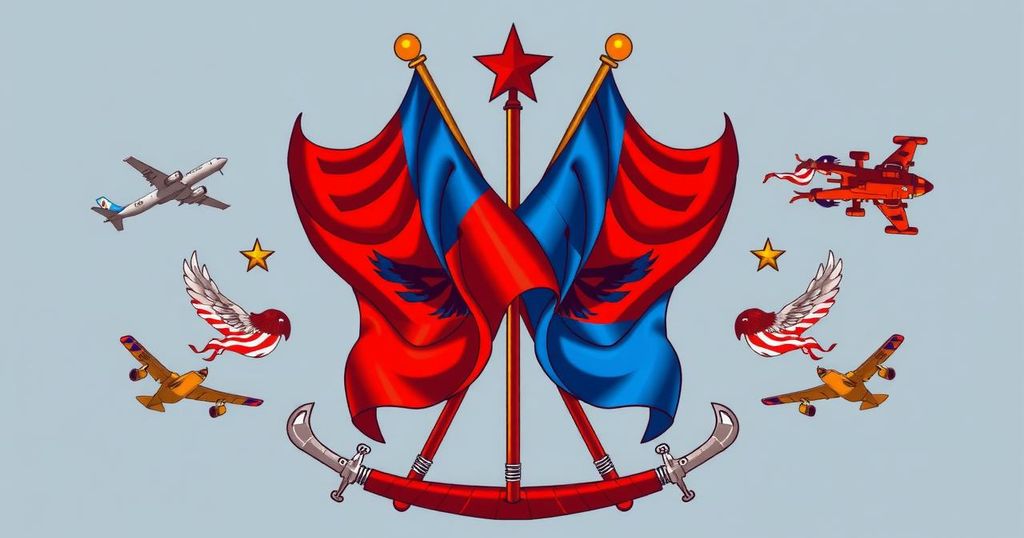Symbolic representation of alliance between nations with flags and military elements in red and blue color scheme.