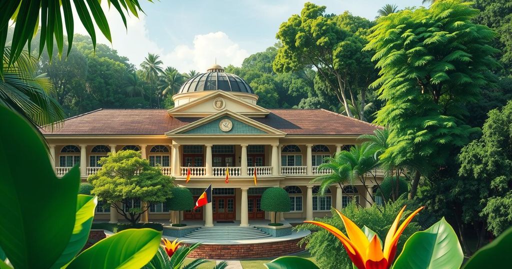 Samoan parliament building with flags and lush greenery, symbolizing political change and democracy in Samoa.