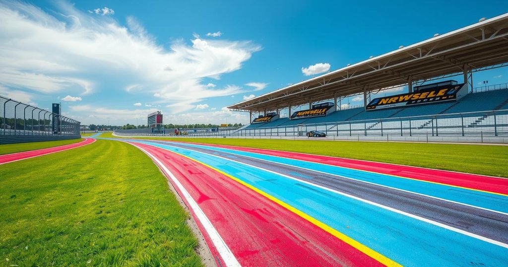 A vibrant race track scene during an outdoor event, showcasing colorful lanes, a clear blue sky, and athletic equipment.