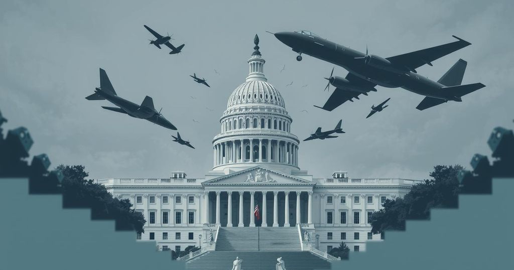 Conceptual illustration of a legislative debate against military engagement, featuring U.S. Capitol and war symbols in muted colors.