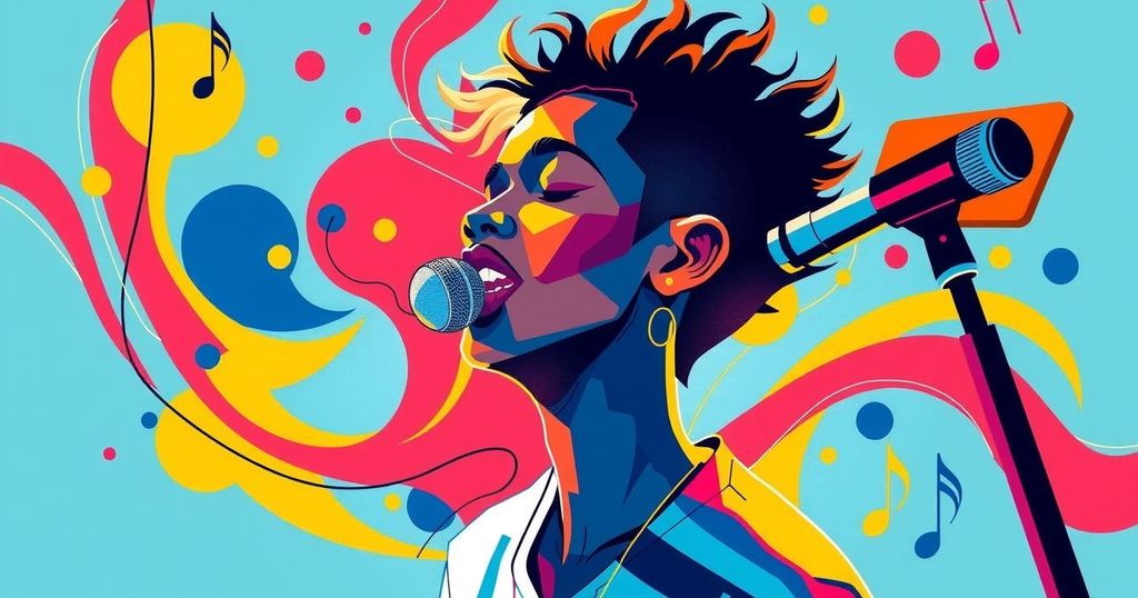 Abstract representation of a singer's journey in music, featuring a vibrant palette of colors that symbolize passion.