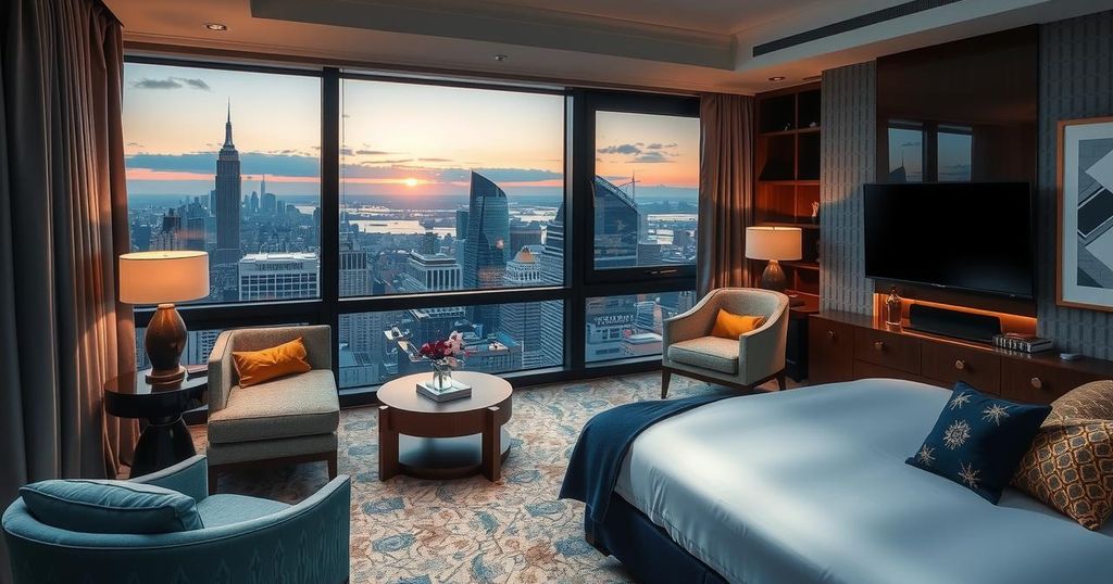 A Malaysian hotel room with a luxury aesthetic, featuring modern decor and a view of the city skyline at dusk.