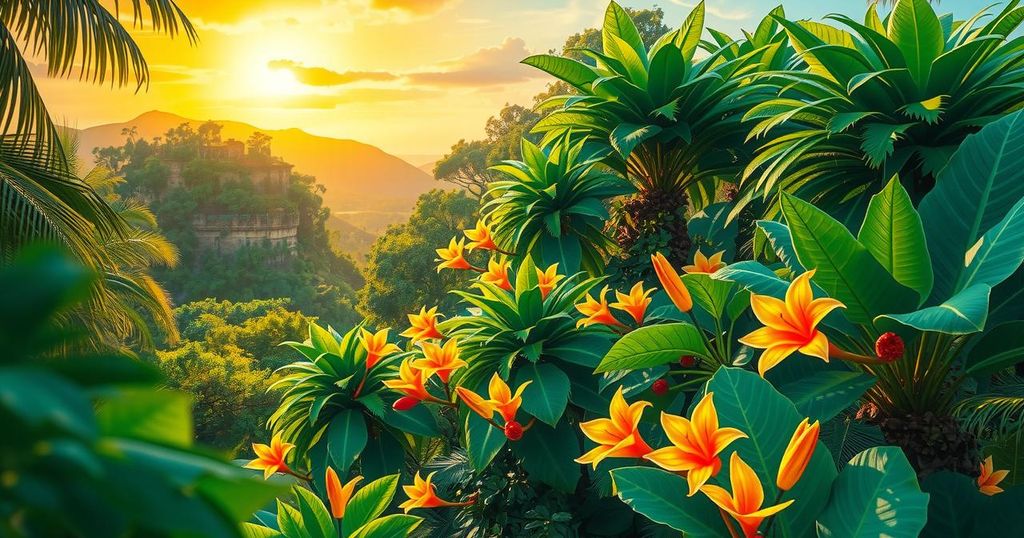 A vibrant Brazilian landscape showcasing lush greenery and colorful tropical flora.
