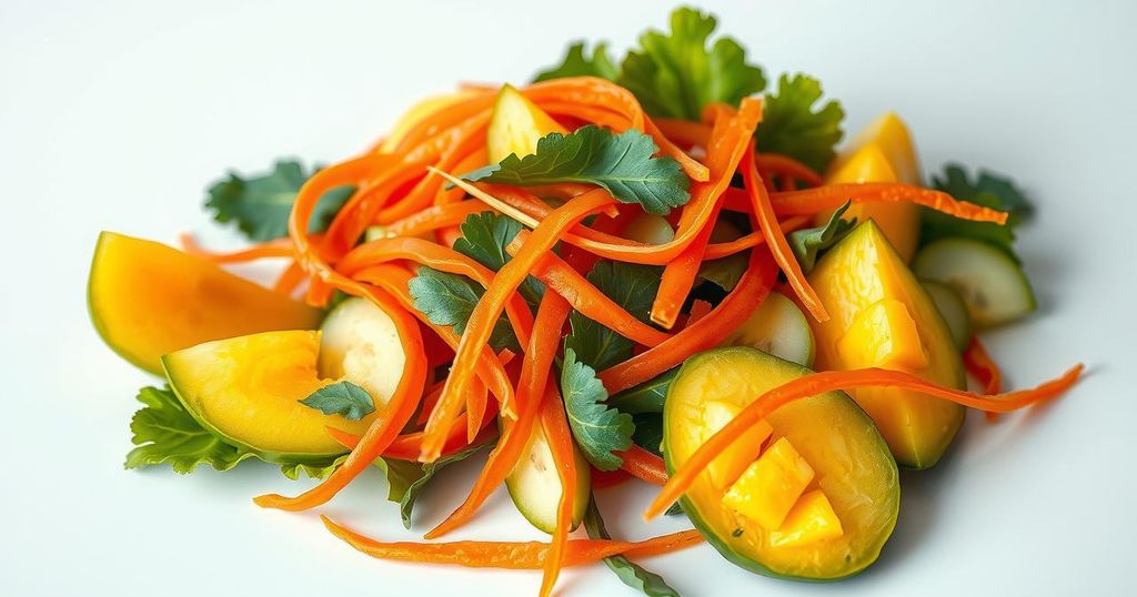 A vibrant Vietnamese salad featuring fresh vegetables and herbs in a colorful display.