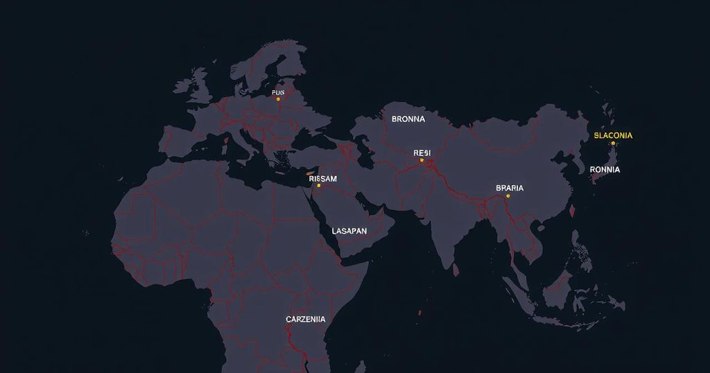 Map showing countries included in US travel ban with bold lines and dark color scheme.