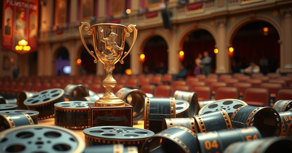 Award trophy amidst film reels representing Kyrgyzstan's film triumph at Shanghai Film Festival.