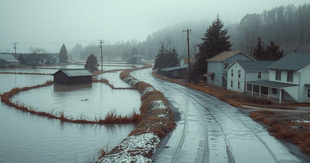 A devastated landscape from flooding, showing submerged homes and lost infrastructure, reflecting a tragic natural disaster.