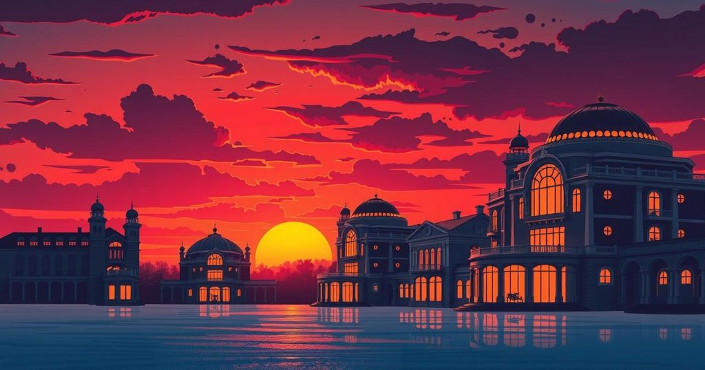 Frozen assets illustration featuring luxury properties and a dramatic backdrop symbolizing political turmoil.