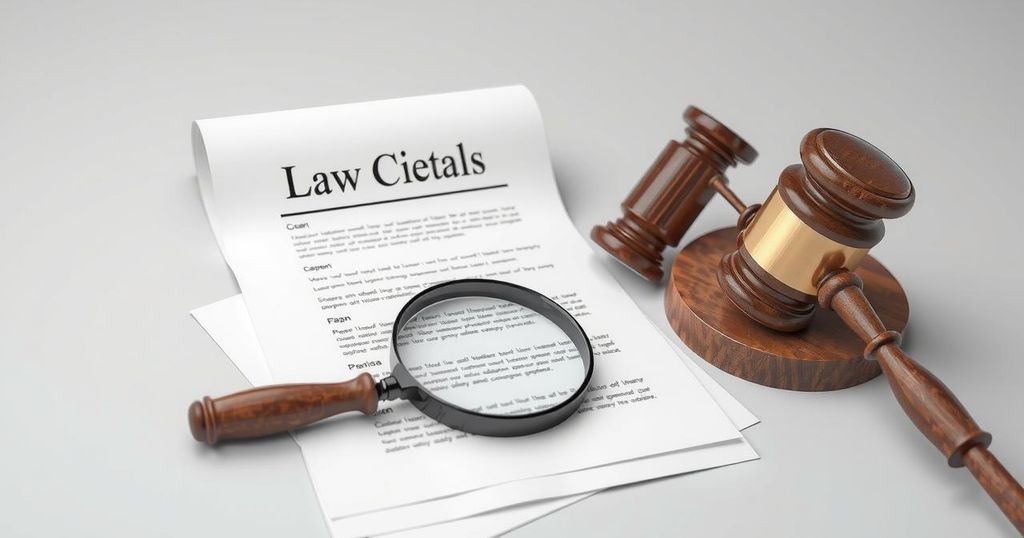 A stylized representation of a legal document with a magnifying glass and a gavel, symbolizing scrutiny and justice.